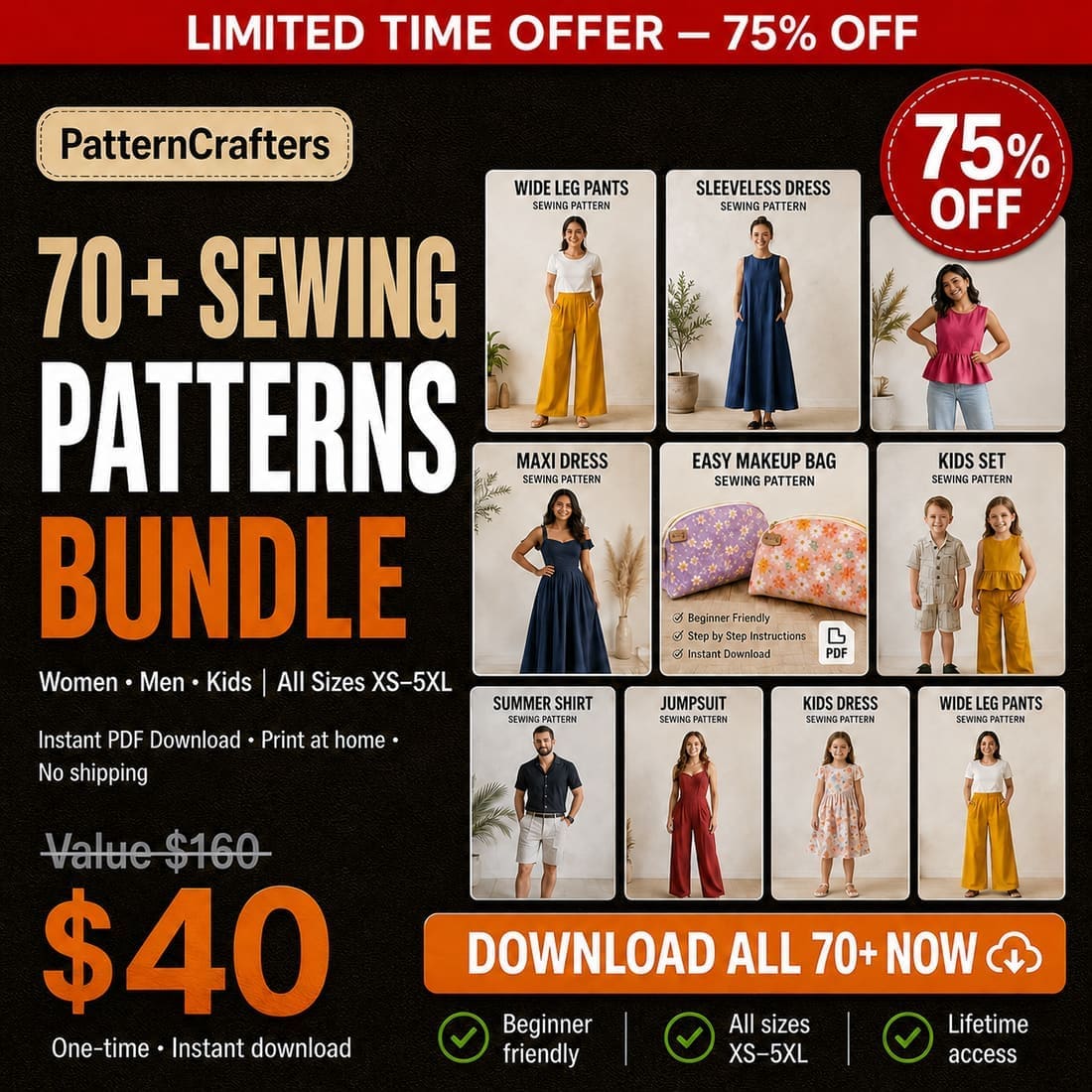 70+ sewing pattern bundle for women, men and kids