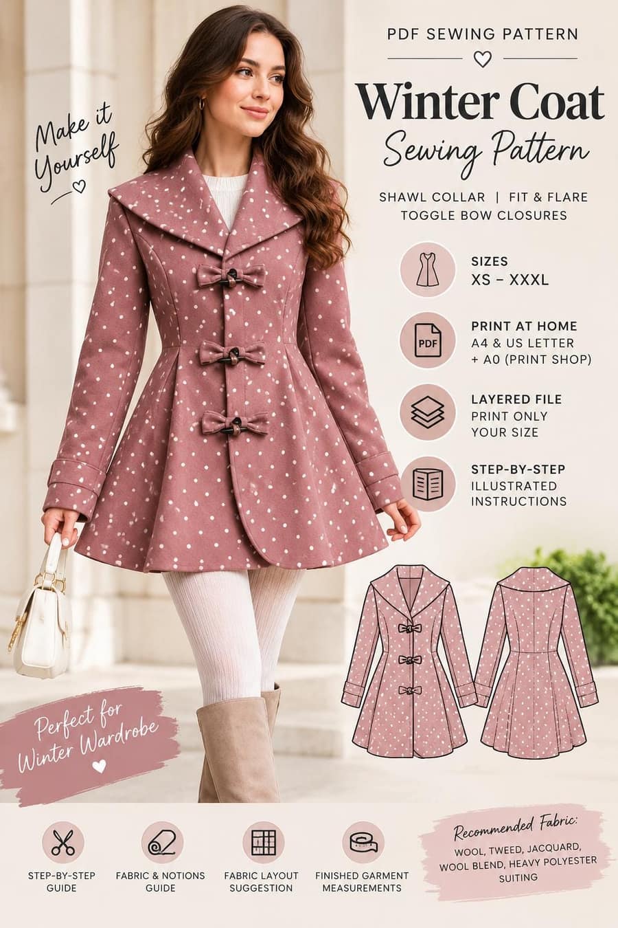 Duffle Toggle Coat PDF sewing pattern preview