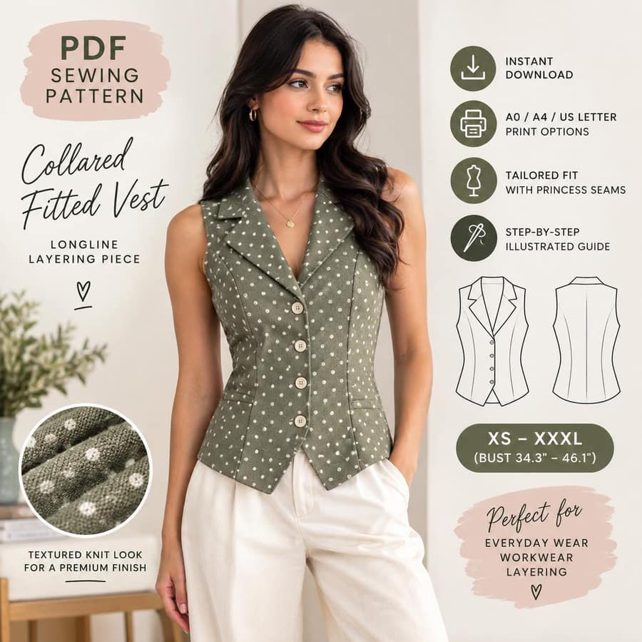 Collared Fitted Longline Vest PDF sewing pattern preview