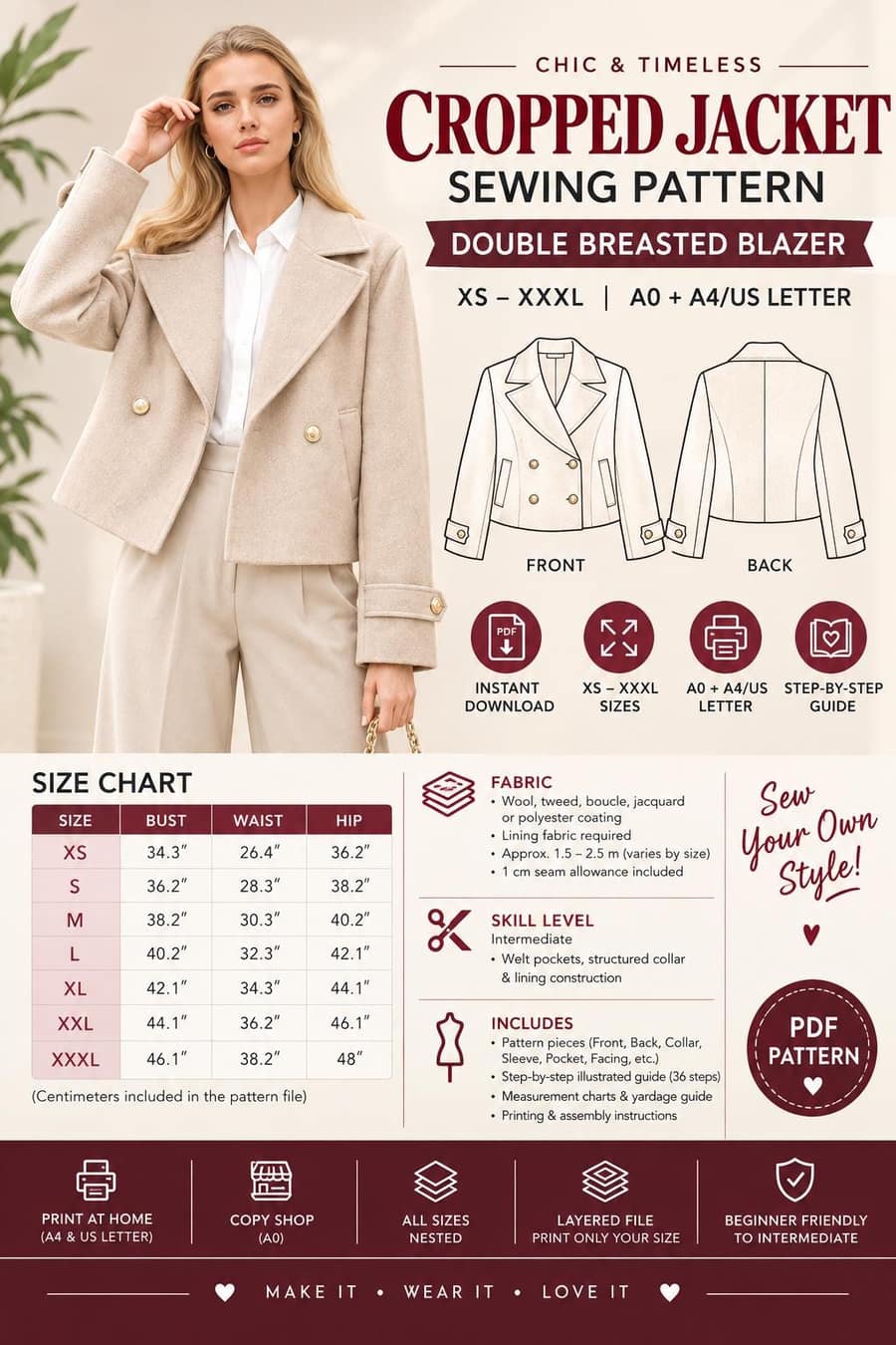 Women's Double Breasted Wool Cropped Jacket sewing pattern preview