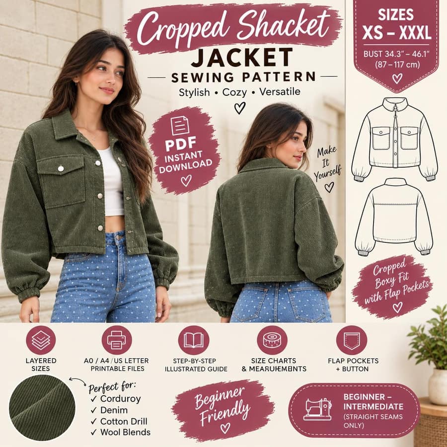 Women's Corduroy Button Front Cropped Jacket sewing pattern preview