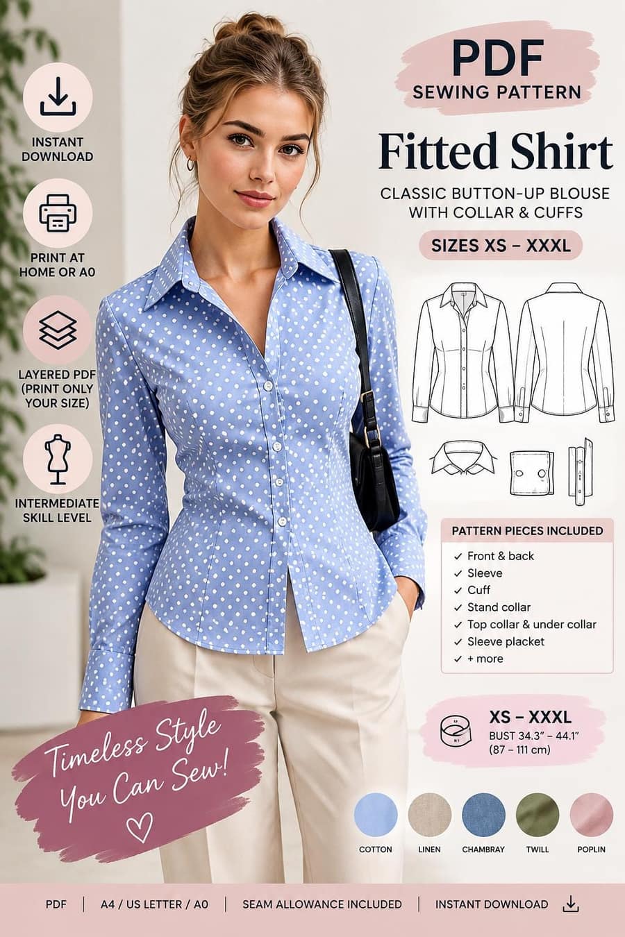 Fitted Collared Shirt PDF sewing pattern preview