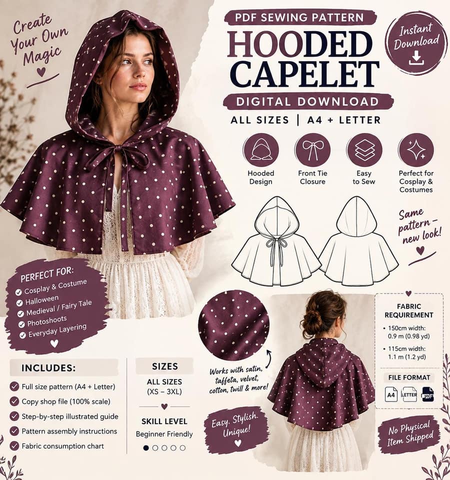 Hooded Cape Capelet sewing pattern preview