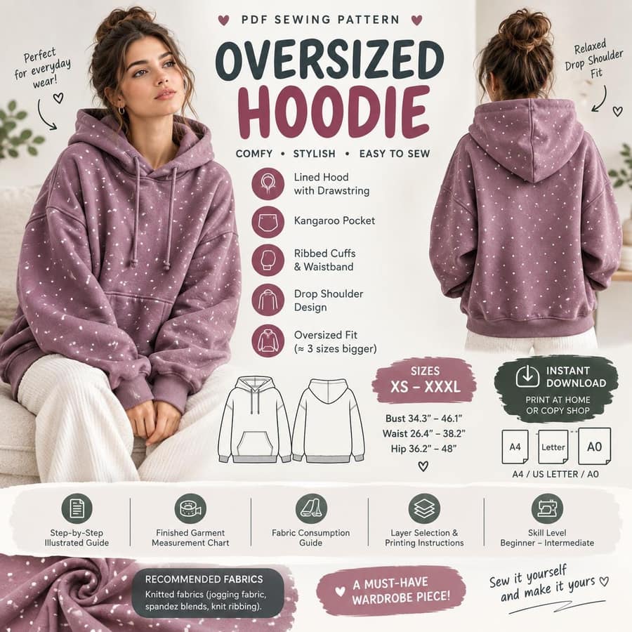 Women's Oversized Drop Shoulder Hoodie sewing pattern preview