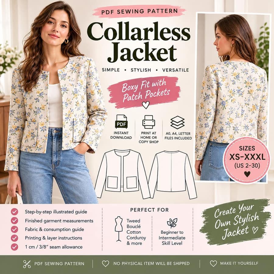 Women's Long Sleeve Collarless Jacket sewing pattern preview