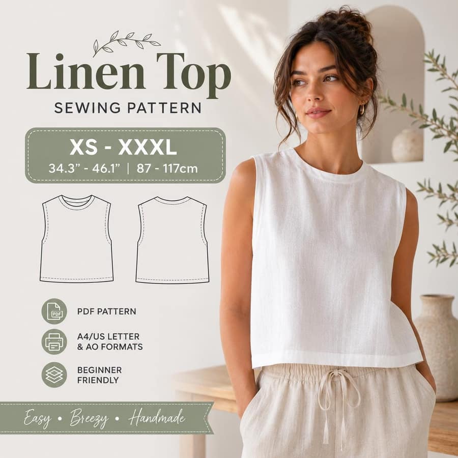 Boxy crew-neck linen top PDF sewing pattern preview