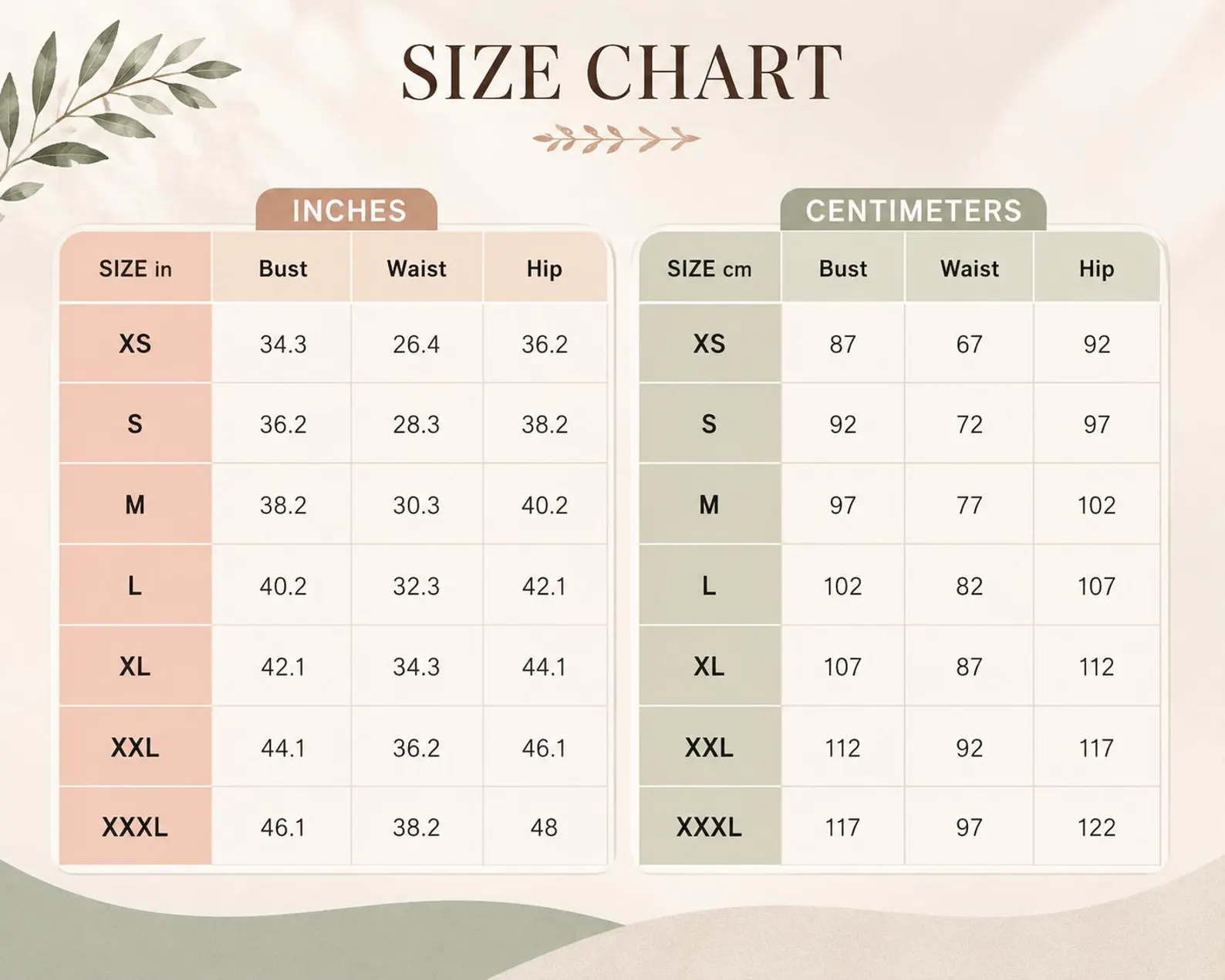 Linen top sewing pattern size chart