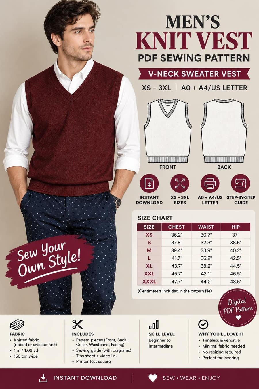 Men's V Neck Sleeveless Vest sewing pattern preview