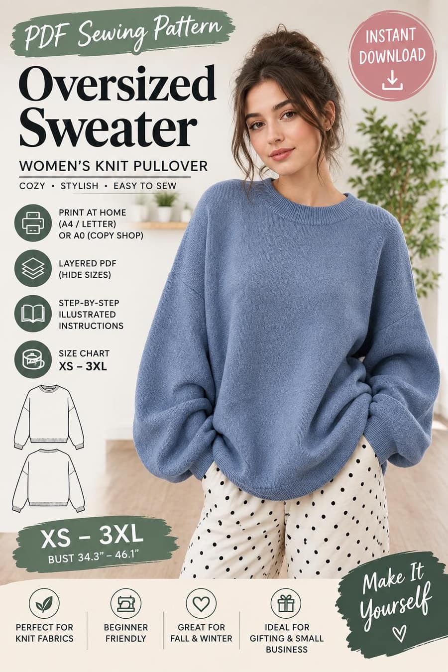 Women's Oversized Chunky Sweater sewing pattern preview