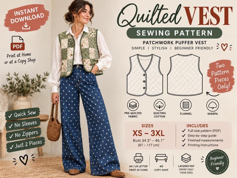 Women's Quilted Sherpa Vest sewing pattern preview
