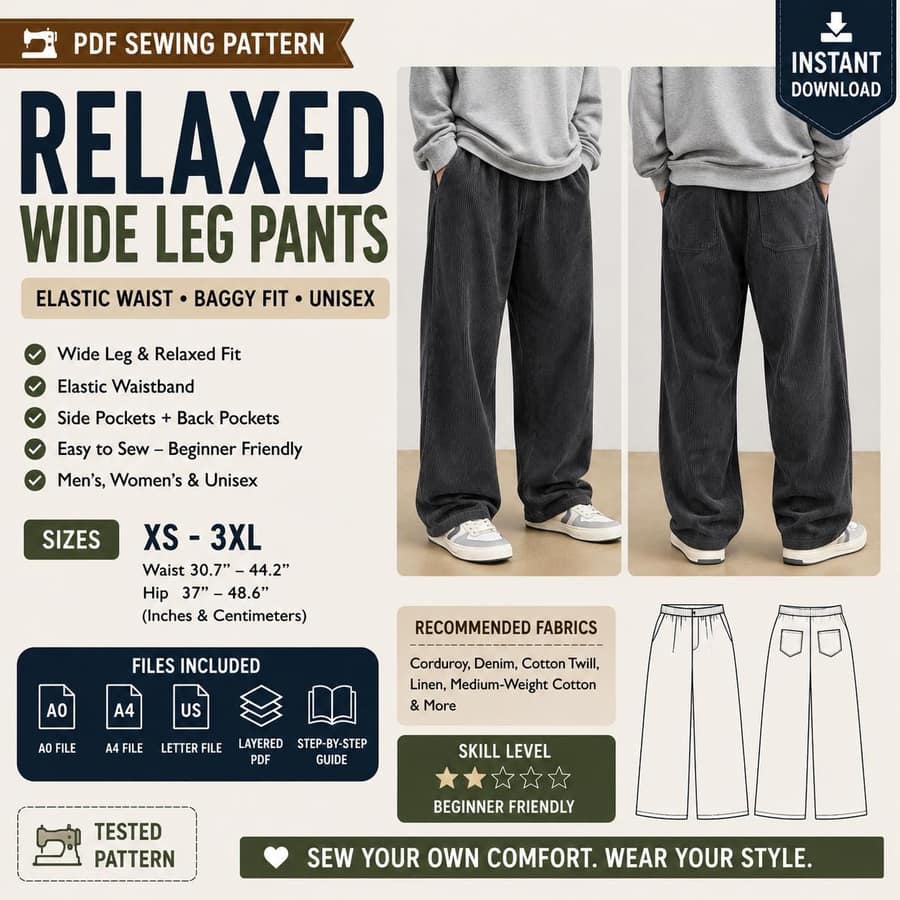 Men's Relaxed Wide Leg Pants sewing pattern preview