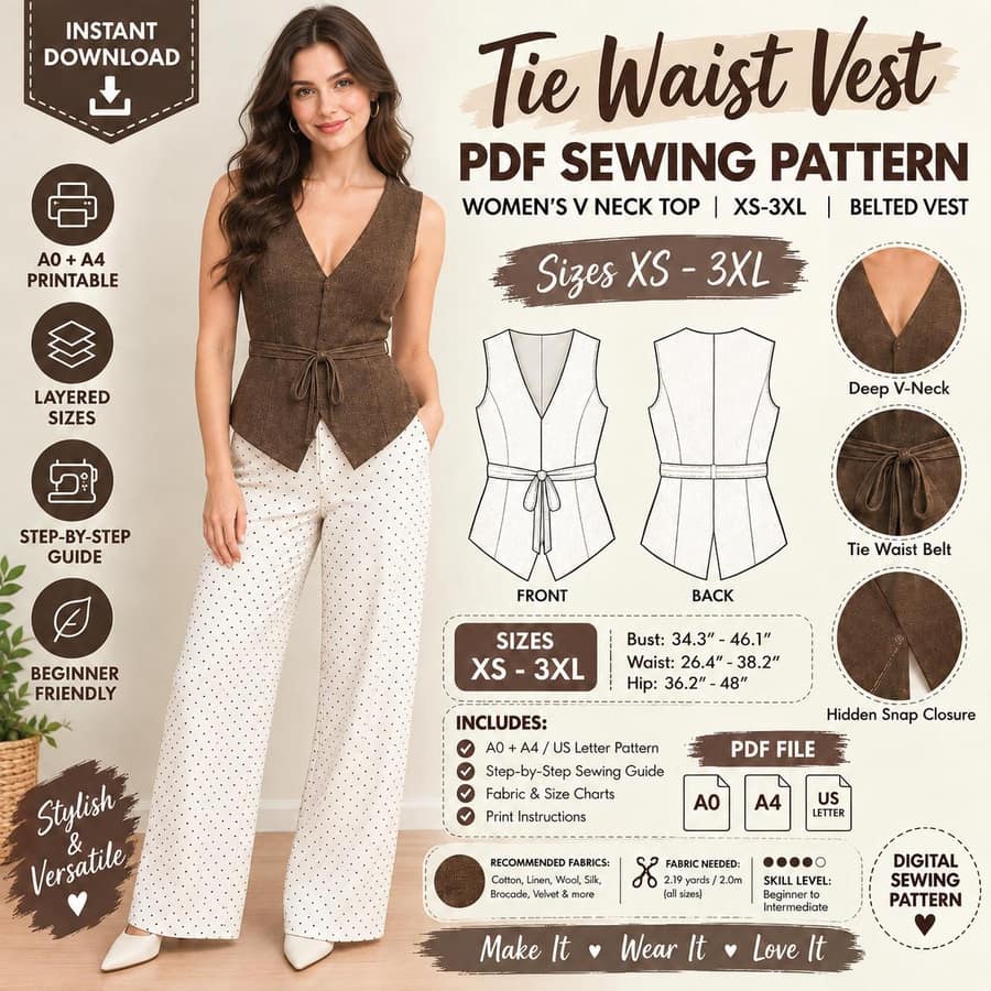 Women's Tie Waist V Neck Vest sewing pattern preview