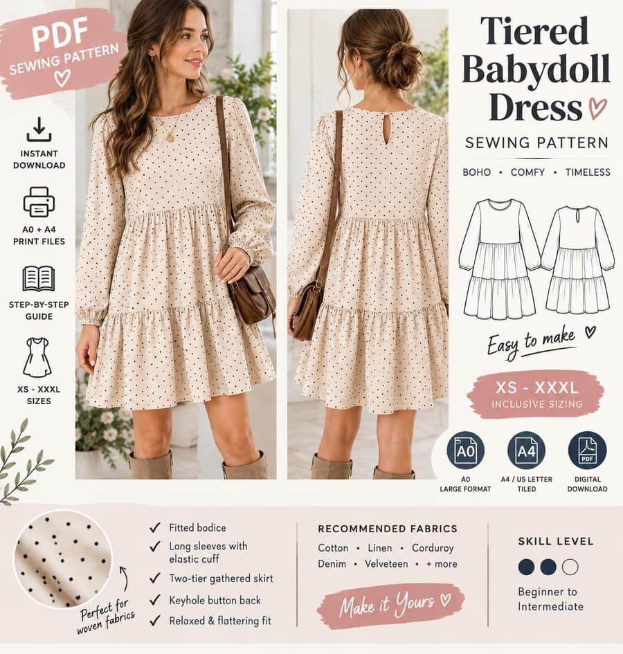 Women's Long Sleeve Boho Dress sewing pattern preview