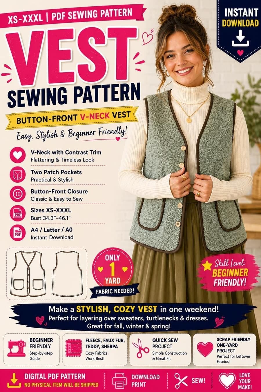Women's Button Front V Neck Vest sewing pattern preview