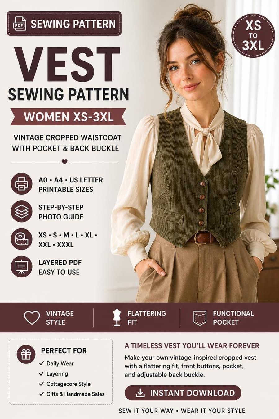 Women's Corduroy Vintage Cropped Vest sewing pattern preview