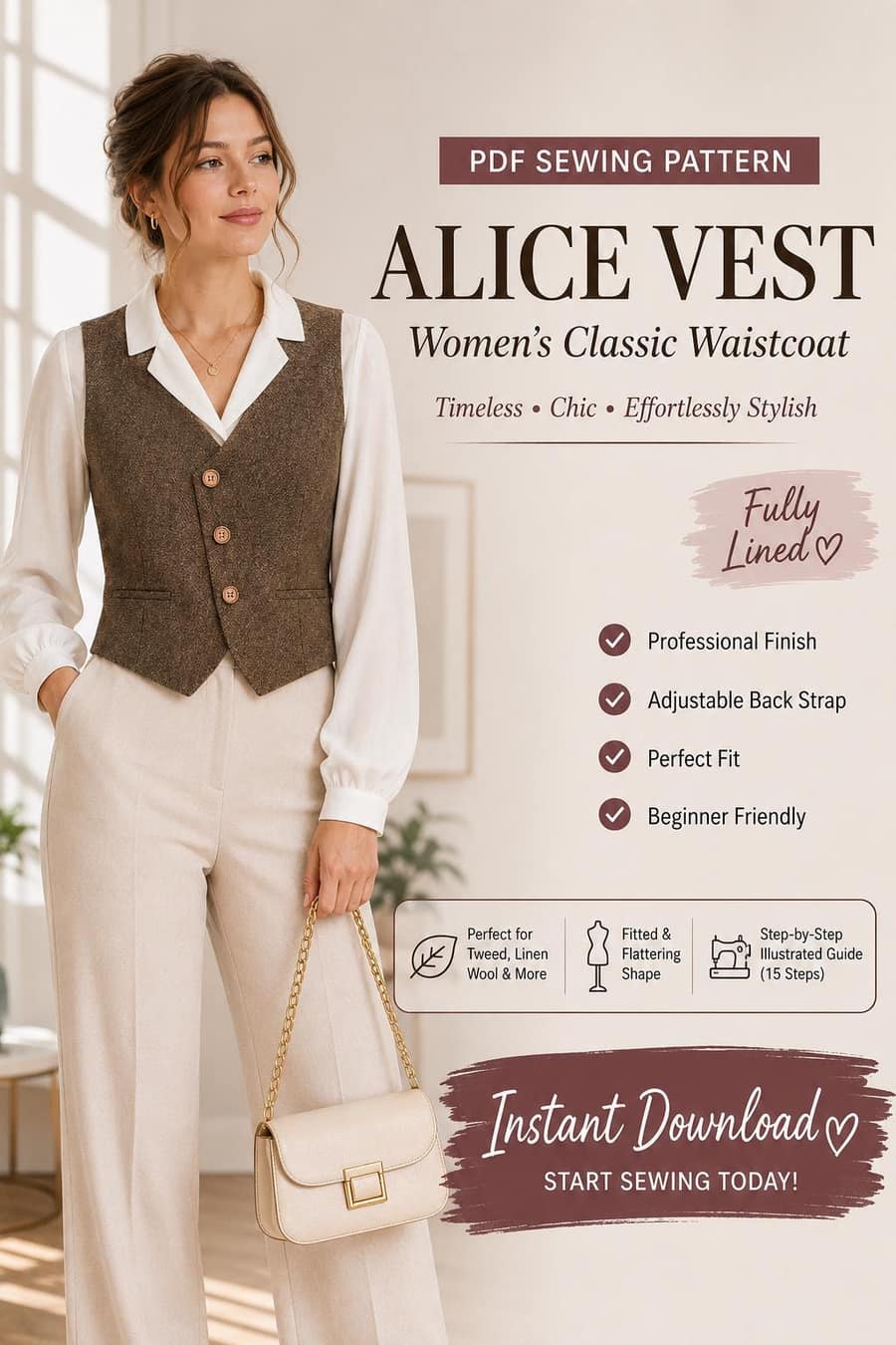 Women's Fitted Tweed Vest sewing pattern preview
