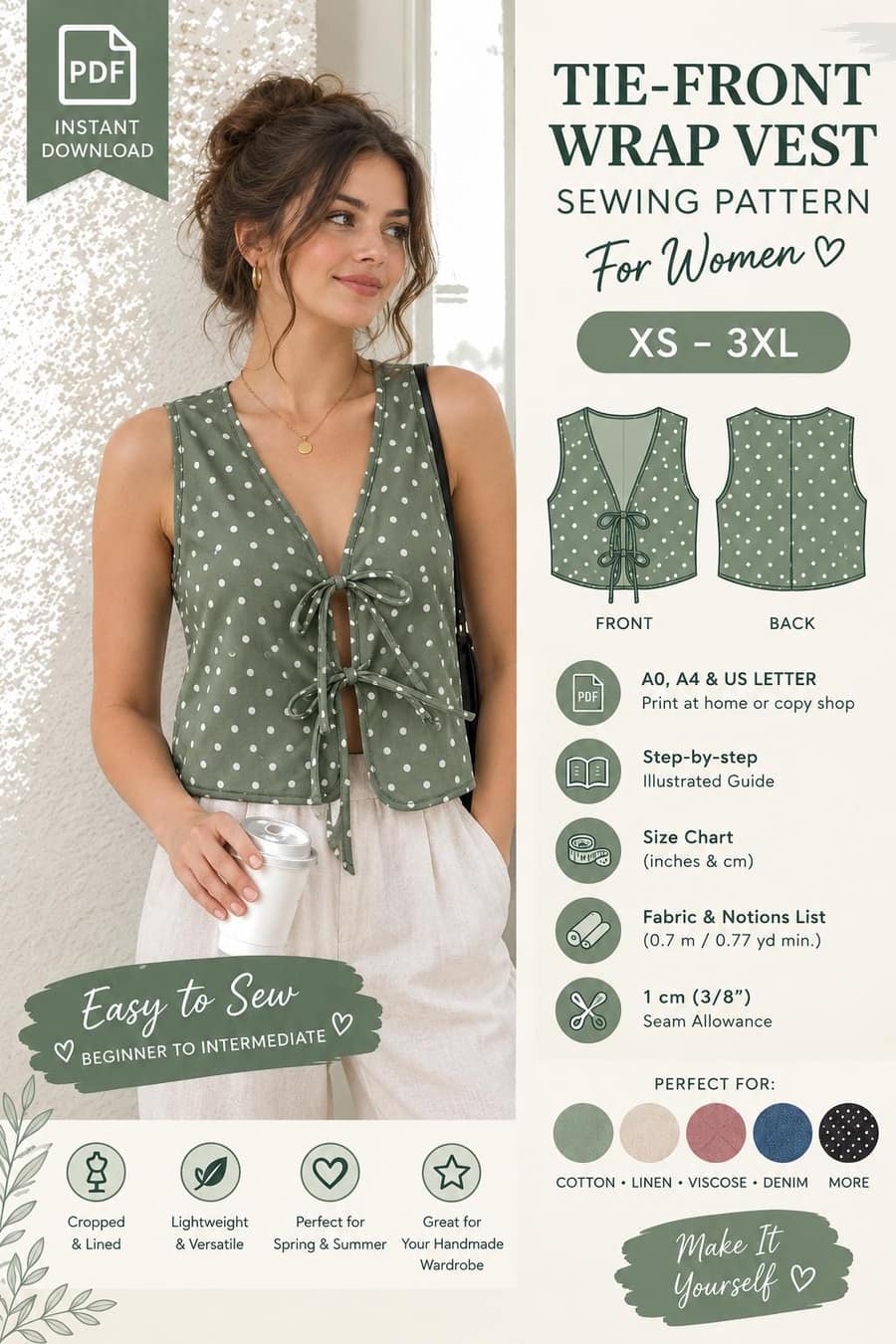 Women's Tie Front Cropped Vest sewing pattern preview