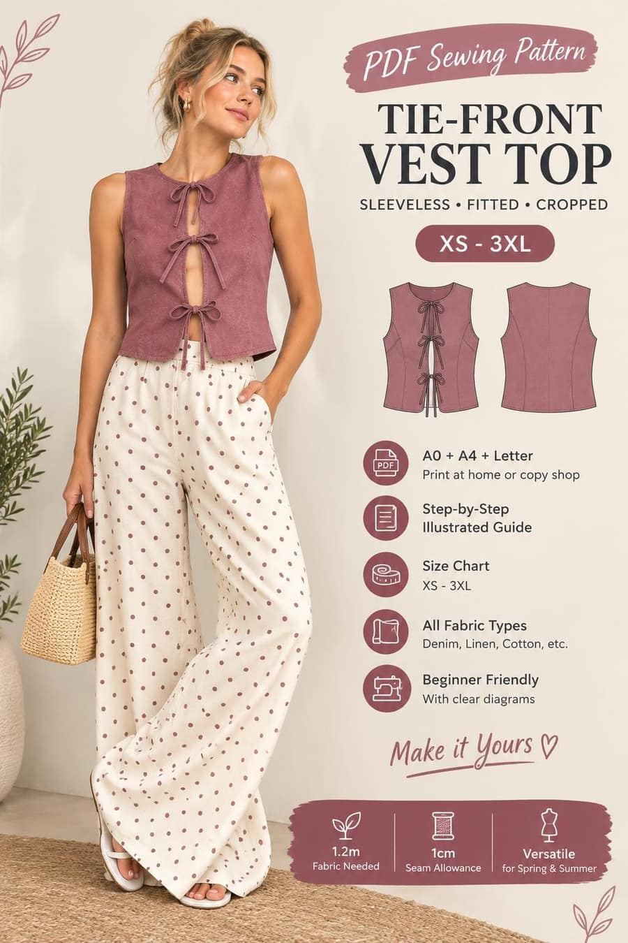 Women's Tie Front Sleeveless Vest Top sewing pattern preview