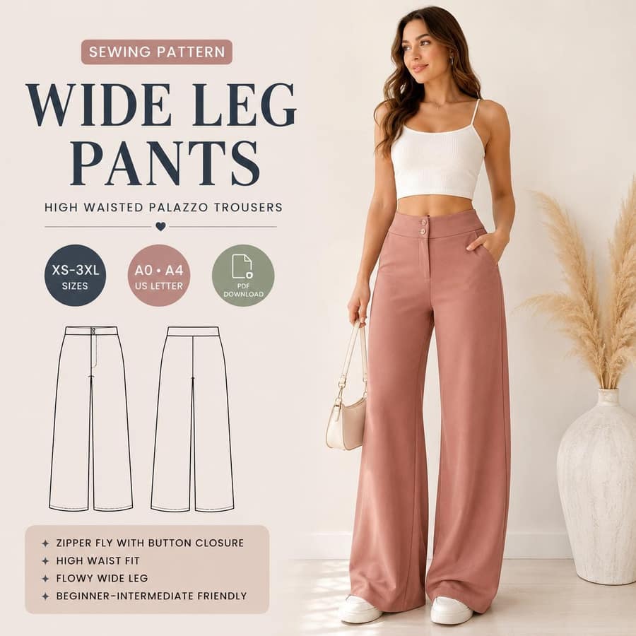 Women's Wide Leg High Waisted Pants sewing pattern preview