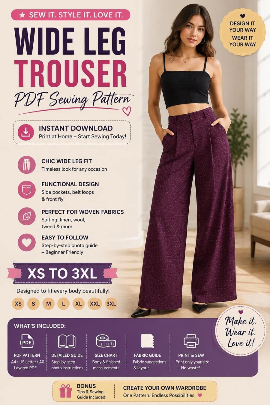 Wide Leg High Waisted Pants sewing pattern preview