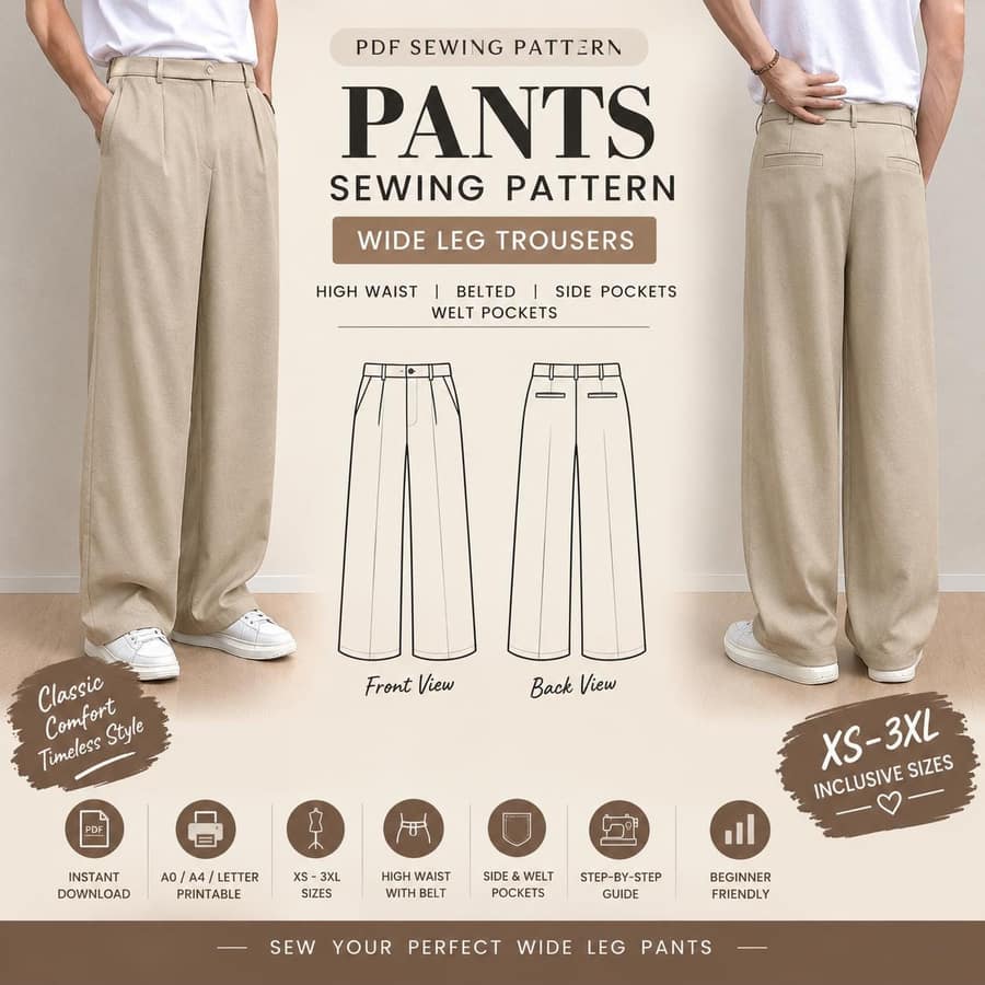 Wide Leg High Waisted Trousers PDF sewing pattern preview