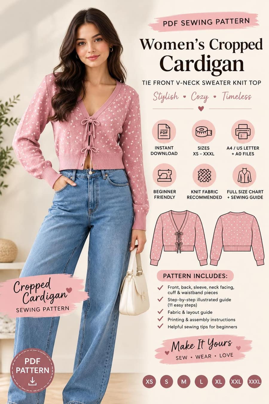 Women's Cropped Tie Front Cardigan sewing pattern preview