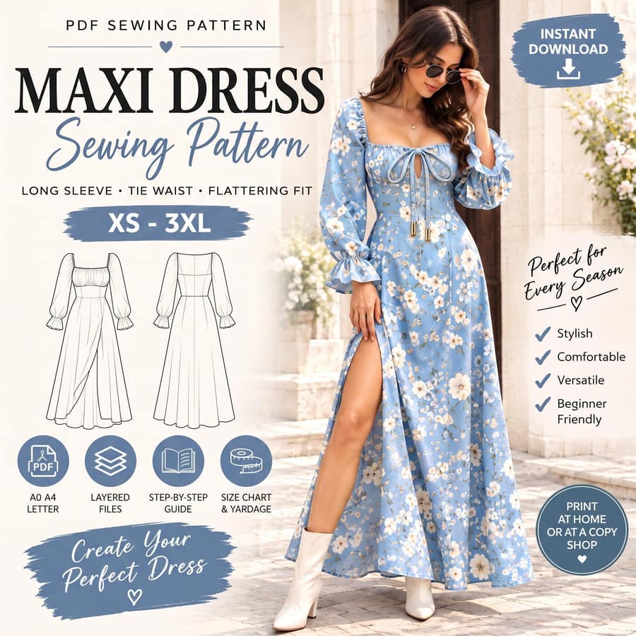 Long Sleeve Floral Dress PDF sewing pattern preview